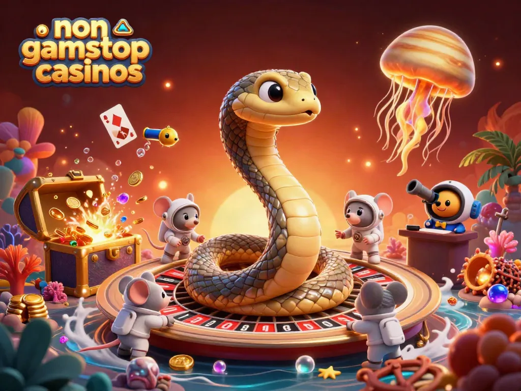 Engaging scene of non gamstop casinos with a Saturn ring snake, astronaut mice betting, and cosmic dealer jellyfish