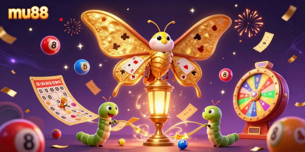 Win big with mu88 in this vibrant and dynamic casino-themed 3D scene filled with games and excitement.