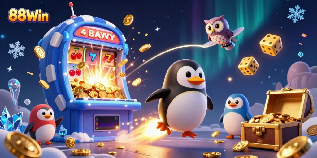 Experience the thrill of 88Win with a vibrant illustration of a golden penguin heading to a casino space station.