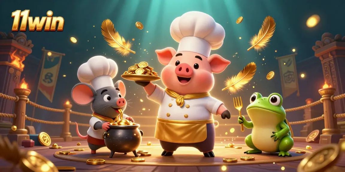 Engage in golden gaming action with 11win's vibrant casino scene featuring unique characters.
