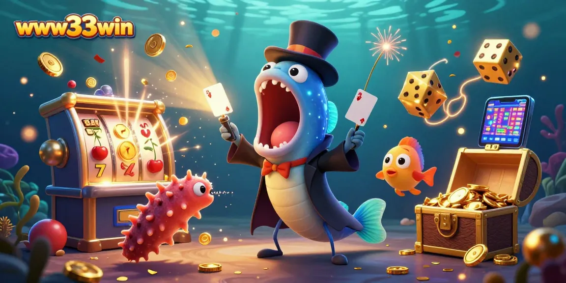 Engage in thrilling gambling experience with www33win's vibrant underwater casino scene featuring dynamic characters.