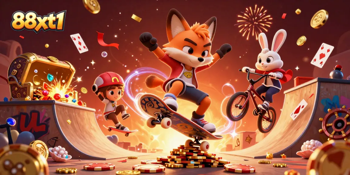 Experience thrilling gameplay at 88xxt1 with cartoon characters celebrating amidst vibrant casino elements.