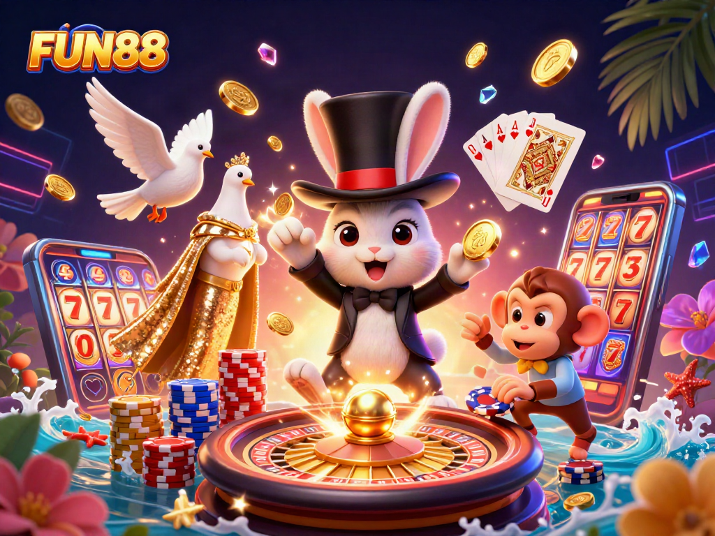 Experience magical wins with FUN88 featuring a magician rabbit, dove, and monkey in an exciting casino scene.