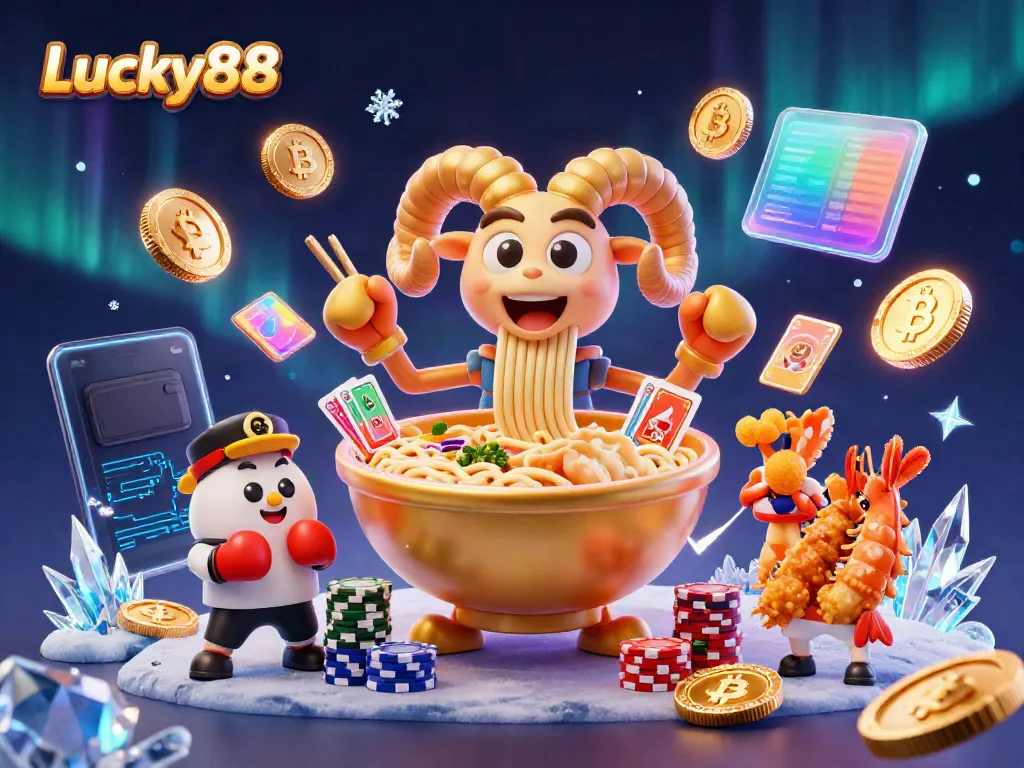 Engage with Lucky88 in a whimsical 3D scene featuring a golden ramen bowl dealing cards and chips.