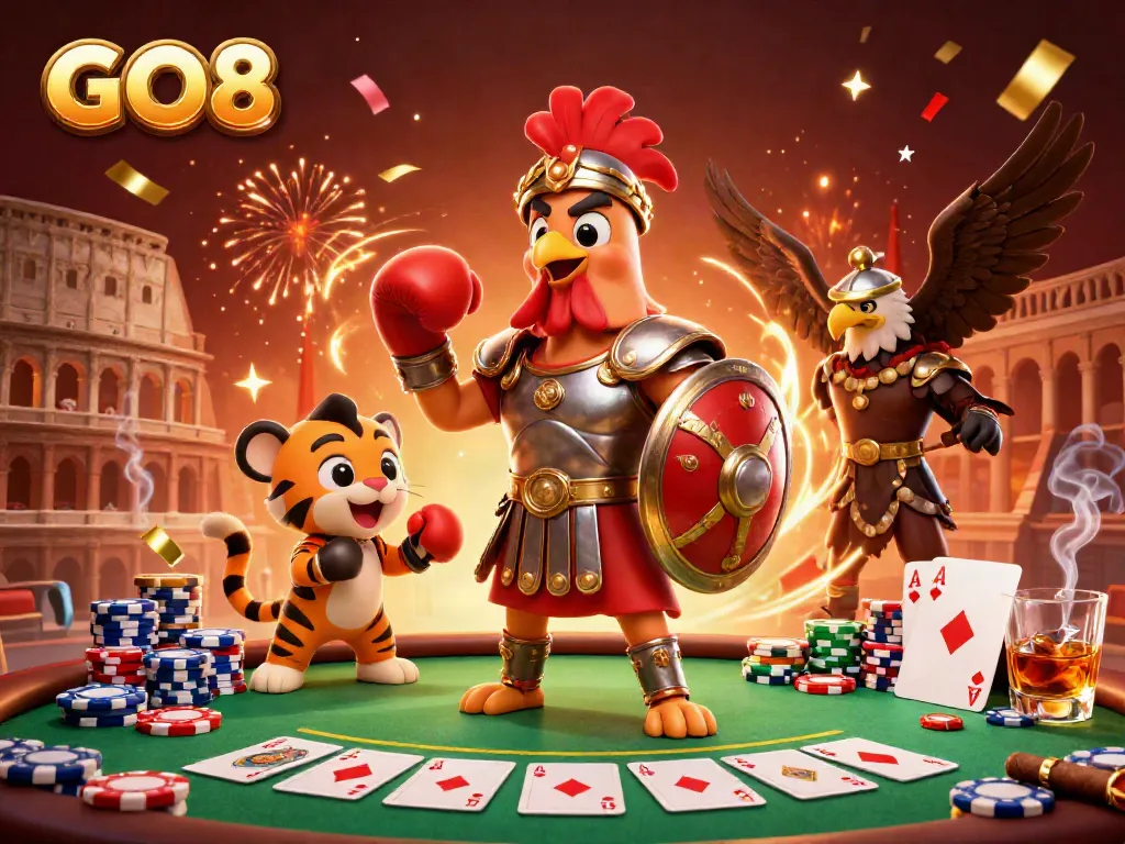 Experience thrilling gameplay at GO8 with the gladiator rooster and tiger cub in a dynamic casino scene.