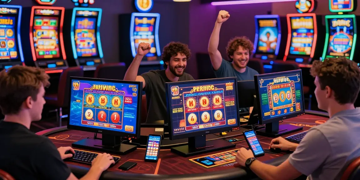 Best online casinos scene showcasing diverse Australian players enjoying online pokies and table games in 2026, celebrating wins in a lively environment.