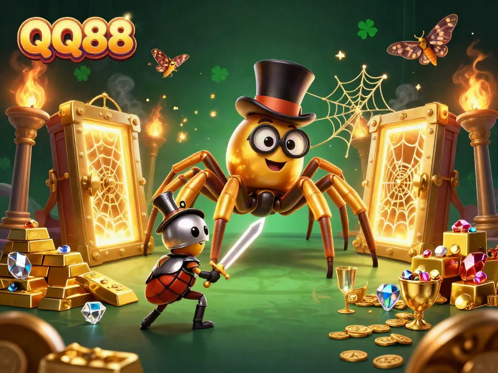 Experience QQ88's thrilling casino magic with a golden tarantula and knight in a vibrant scene.