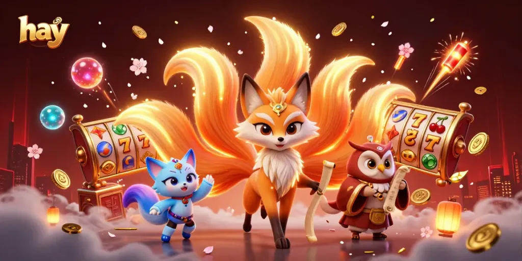 Spin the reels of luck with the enchanting hay nine-tailed fox spirit in a vibrant casino scene.