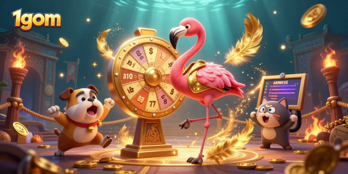 Experience the excitement of 1gom with a vibrant scene of a flamingo host, bulldog contestant, and scoreboard cat amidst dynamic gambling elements.