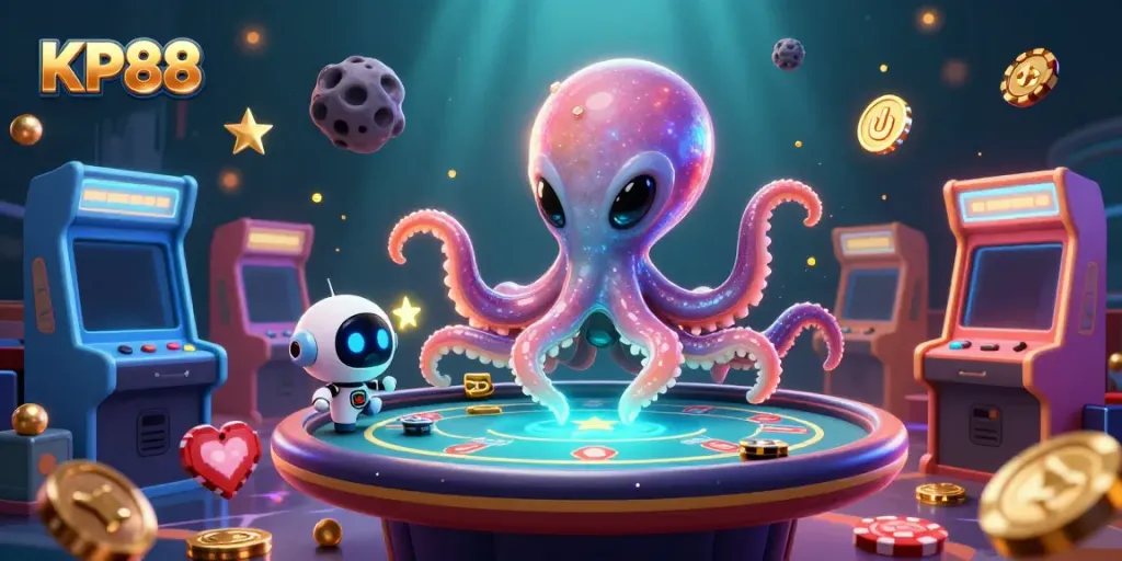 KP88 showcases an alien octopus at a poker table, surrounded by casino games and vibrant elements.