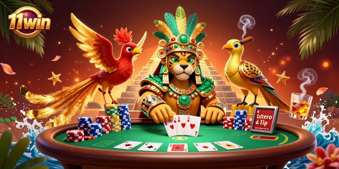 Experience thrilling gameplay with 11win as a Mayan jaguar priest manages poker chips and cards.