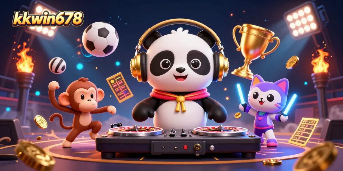Win exciting games at kkwin678 with a vibrant 3D illustration of fun characters and dynamic elements.