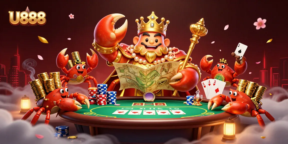 U888 showcases a golden crab emperor in a vibrant casino scene, captivating players with its thrilling atmosphere.