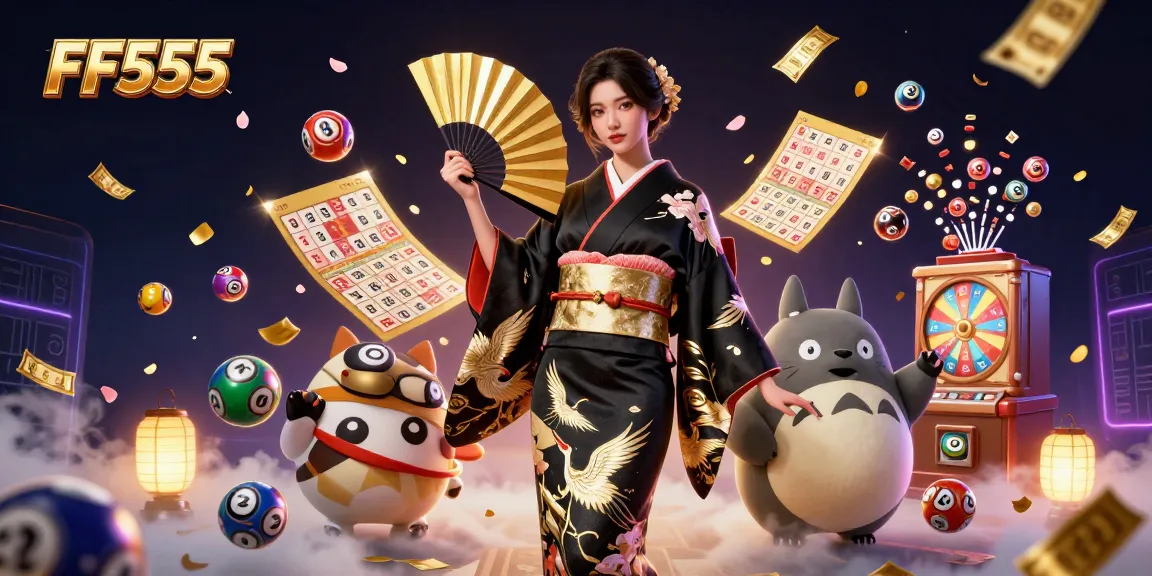 Experience the thrill of winning at FF555 with vibrant lottery elements and stunning characters.