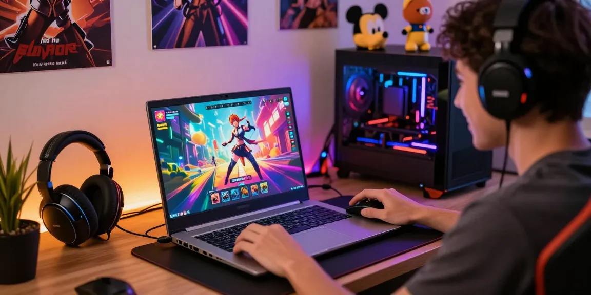 Engaged player enjoying hentai games HTML on a laptop with LED lights and gaming accessories.