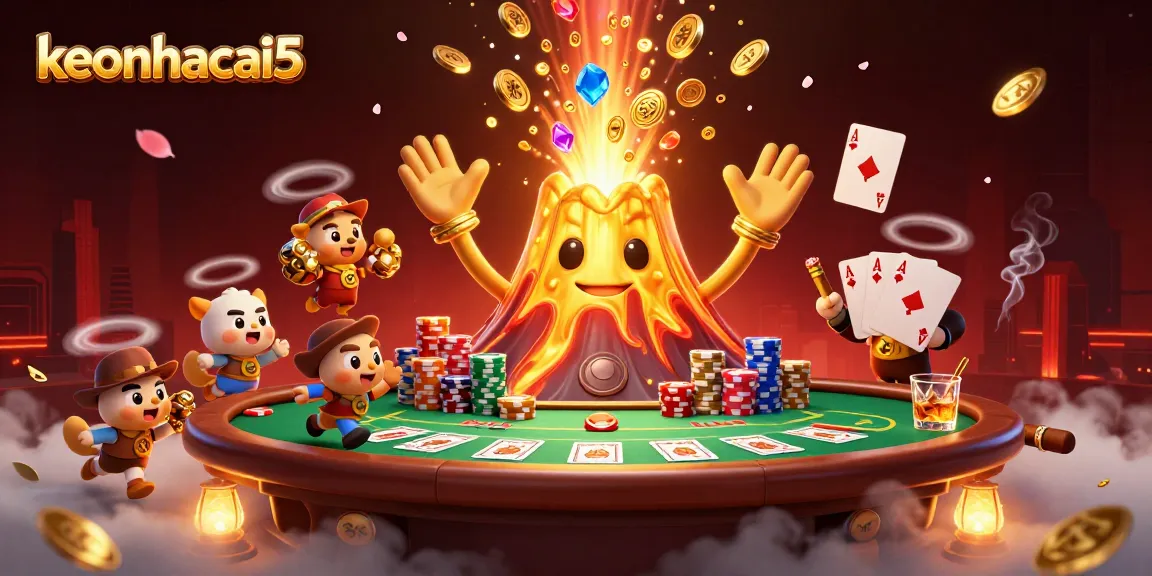 Engage with keonhacai5 as the triumphant volcano erupts coins and treasures amidst a vibrant gambling scene.