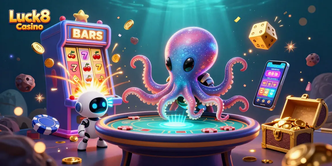 Experience thrilling games at Luck8 Casino with an alien octopus and robot in a vibrant, dynamic scene.