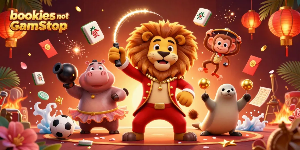 Experience excitement with bookies not on GamStop, featuring a lively circus scene with characters and betting elements.