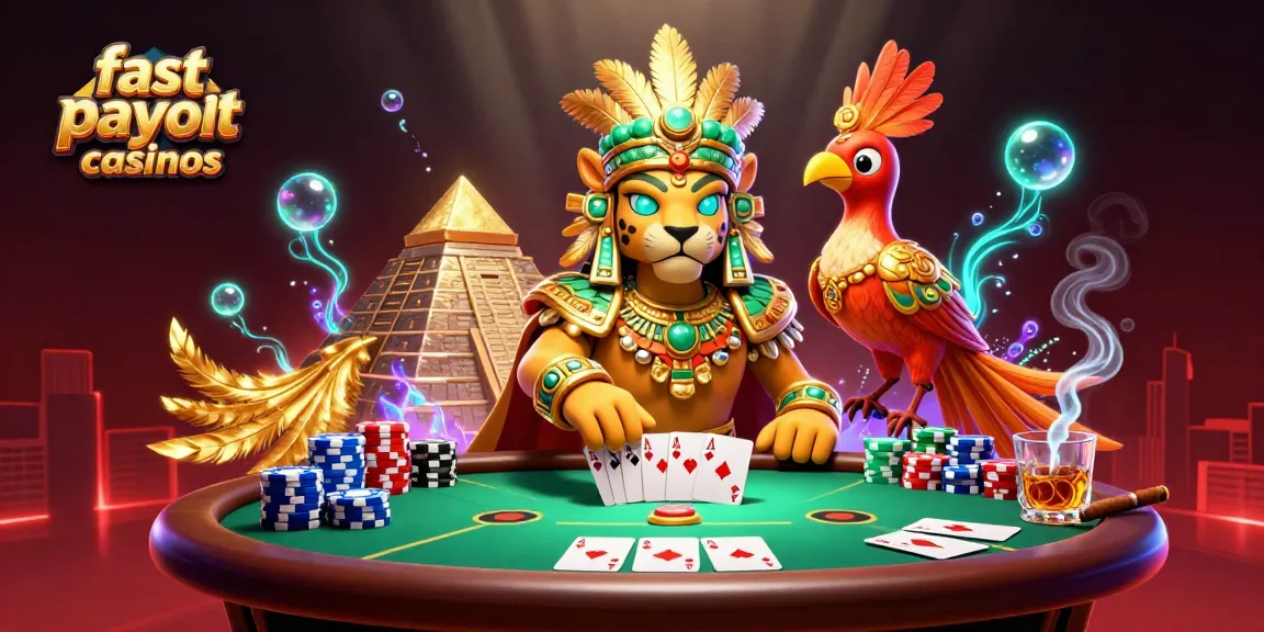 Experience fast payout casinos with a Mayan jaguar priest, poker elements, and vibrant 3D design.