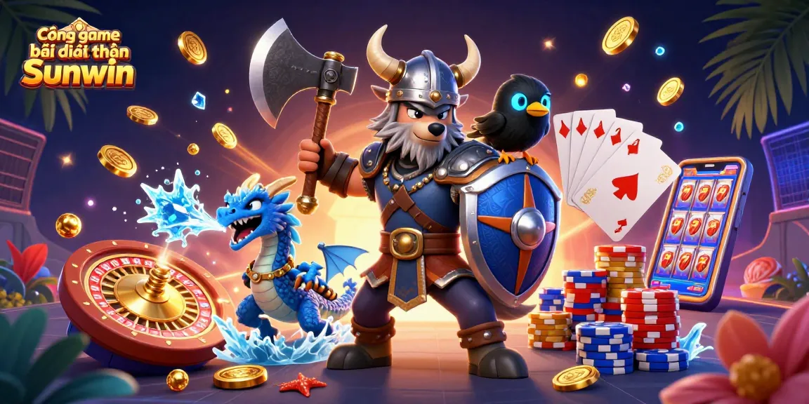 Cổng game bài đổi thưởng Sunwin showcases thrilling illustrations of a Viking warrior, dragon, and raven amidst cascading coins and a spinning roulette wheel.