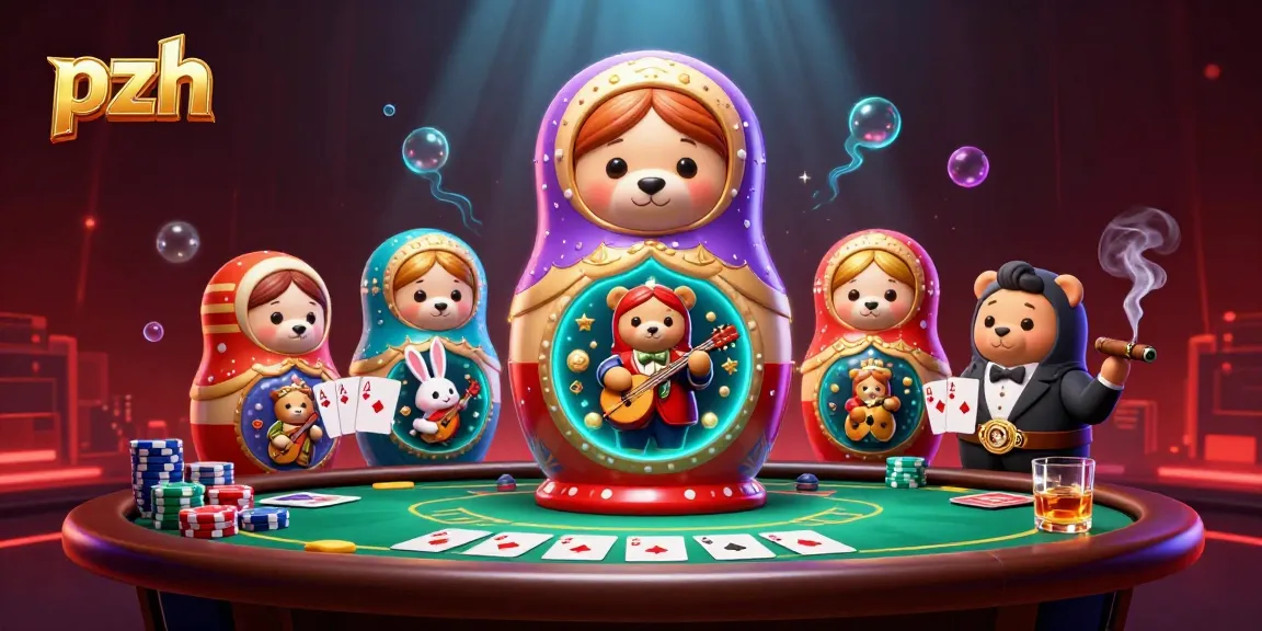 PZH casino scene capturing Russian Matryoshka bears, poker elements, and vibrant dealer outfits