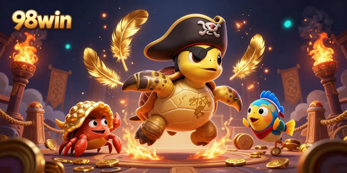 Engage with 98win as a pirate turtle and friends explore vibrant casino-themed treasure.
