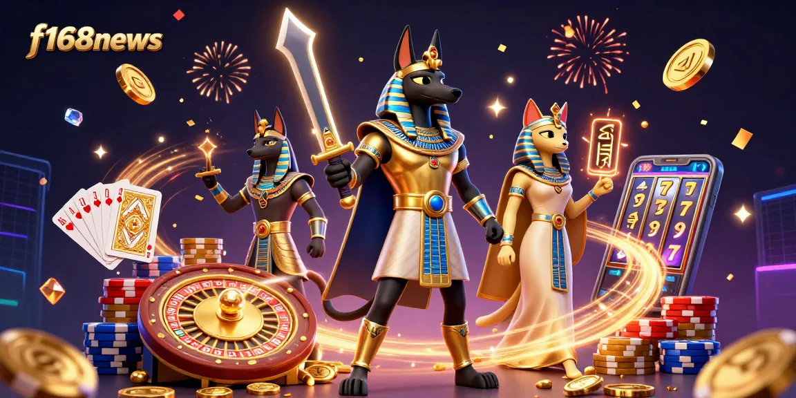 Engage with f168news, featuring Anubis with golden artifacts amidst casino treasures.