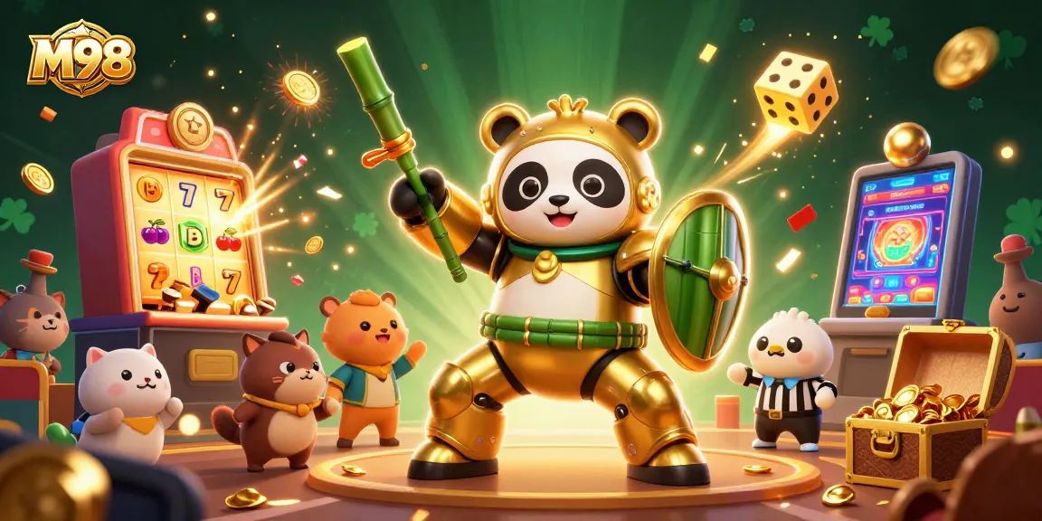 M98 captivates players with an intense 3D casino scene featuring a golden panda in action.