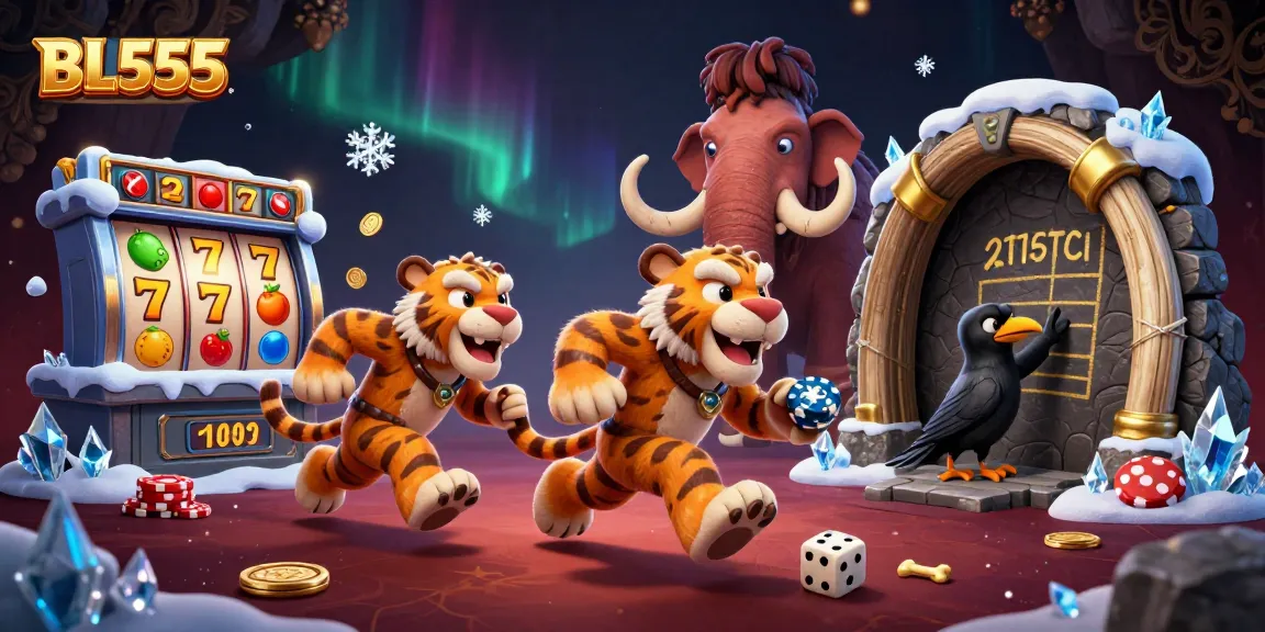 Experience high-energy casino excitement at BL555 with vibrant slot reels and character interactions.