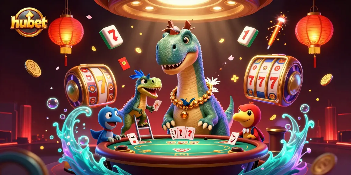 hubet engages players with a vibrant 3D casino scene featuring a brontosaurus and raptor dealing cards.