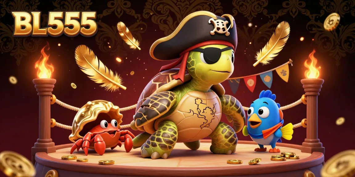 Experience thrilling action at BL555 with pirate-themed characters amidst a treasure-filled scene.