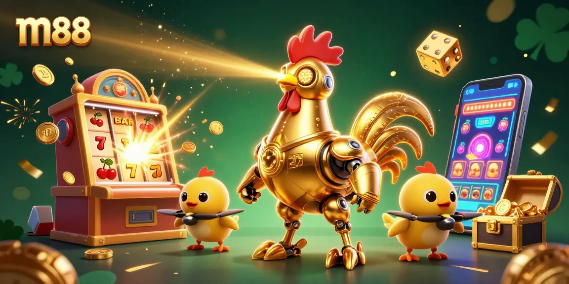 Experience thrilling m88 casino action with a vibrant scene of a golden rooster robot and baby chick drones.