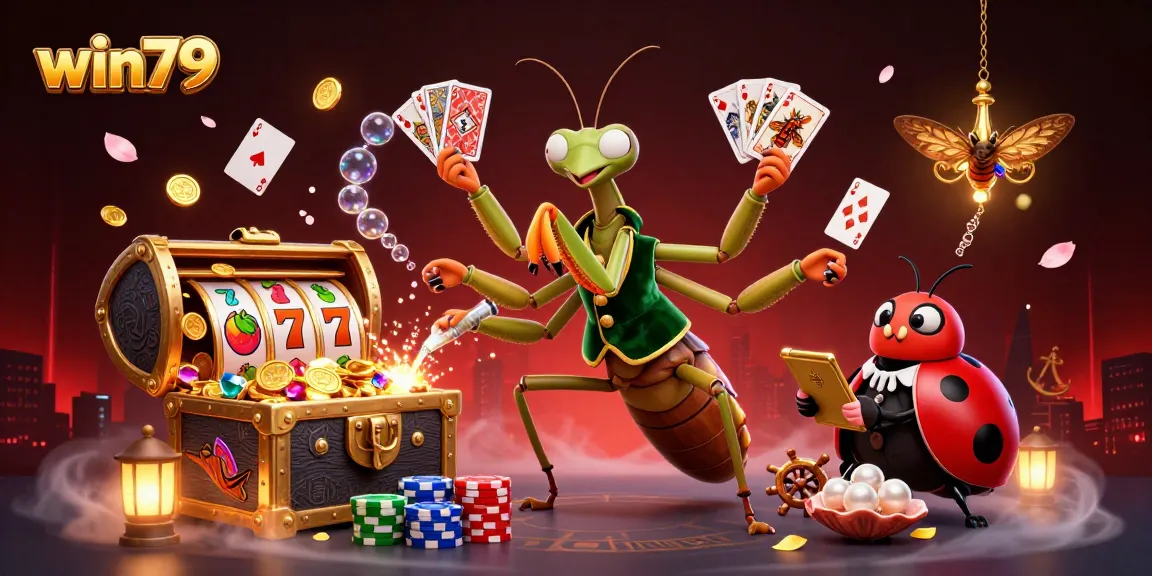 win79 gaming scene featuring a giant mantis card sharp, ladybug pit boss, and slot elements