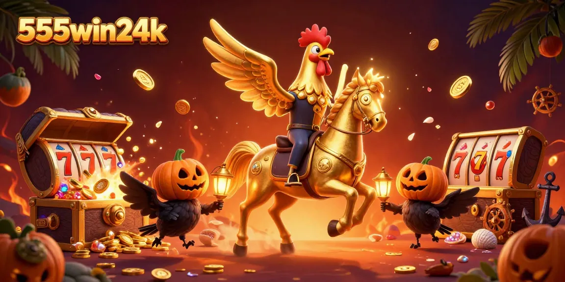 Experience the excitement of 555win24k with a golden rooster and vibrant casino elements.