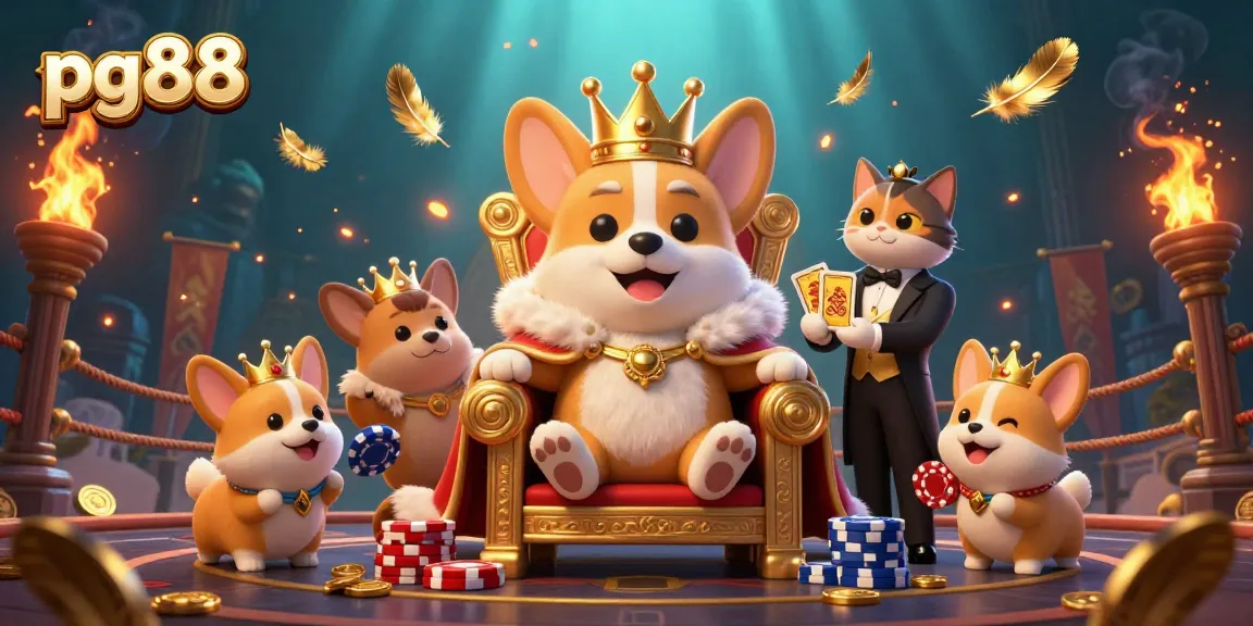 Experience exciting gaming at pg88 with a royal corgi overseeing a vibrant casino scene.