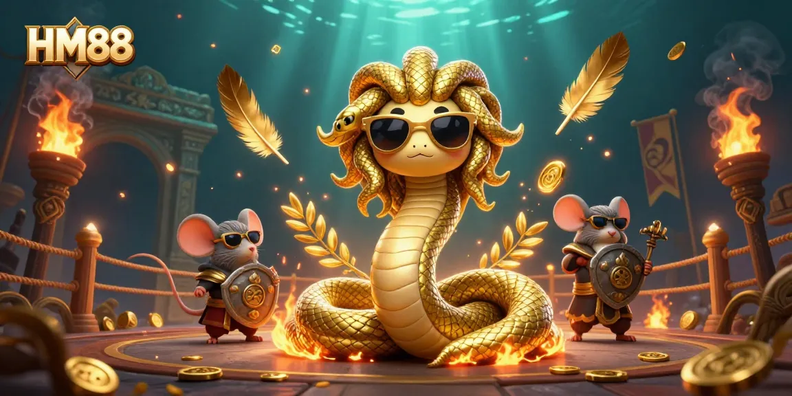 HM88 offers thrilling casino adventures with cute Medusa and a warrior mouse in a vibrant scene.
