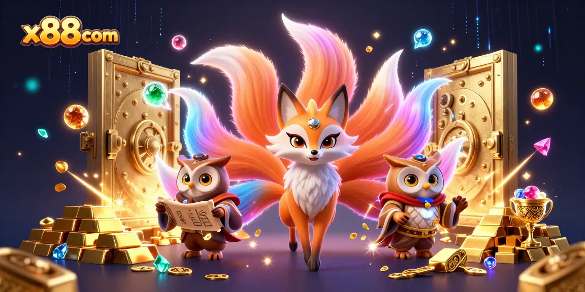 Experience thrilling gaming at x88com with vibrant characters and dazzling treasures illustrated.