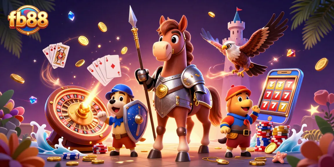 Engage with fb88's exciting gaming world featuring a knight and playful elements amidst gold and gems.