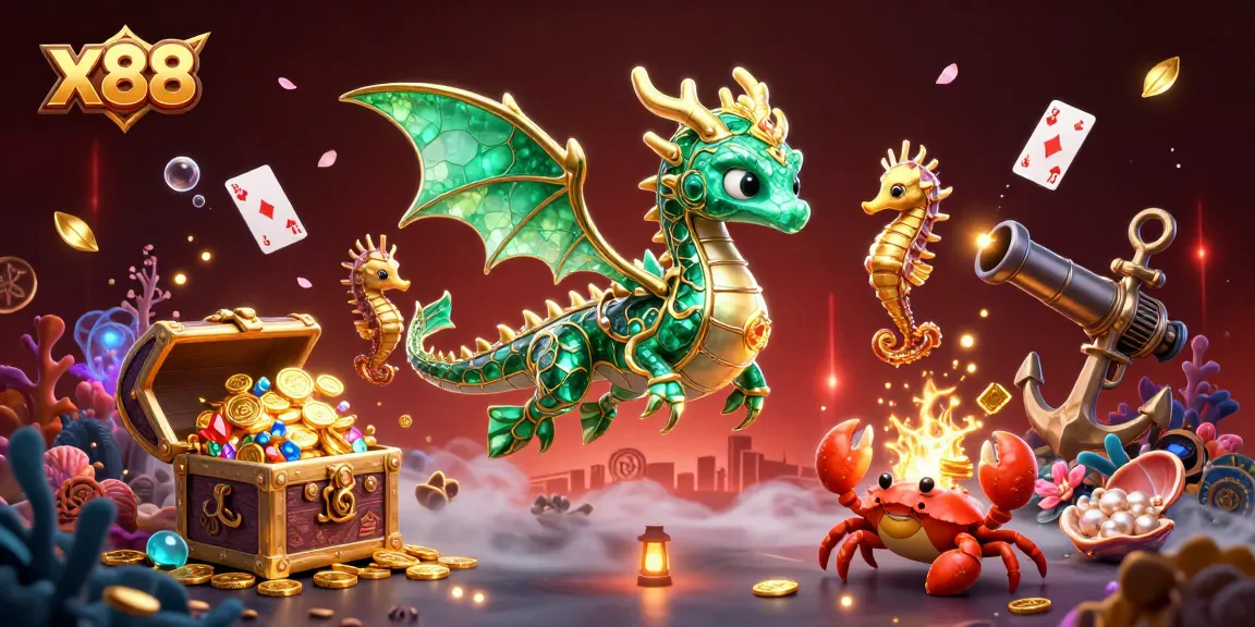 x88 enhances gaming experience with an emerald sea dragon, casino elements, and gold treasures.