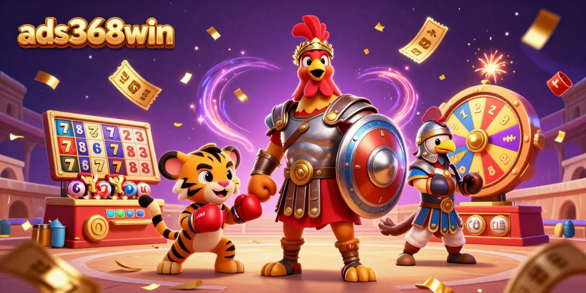 ads368win features a vibrant casino scene illustrating a rooster gladiator surrounded by colorful slot reels and games.