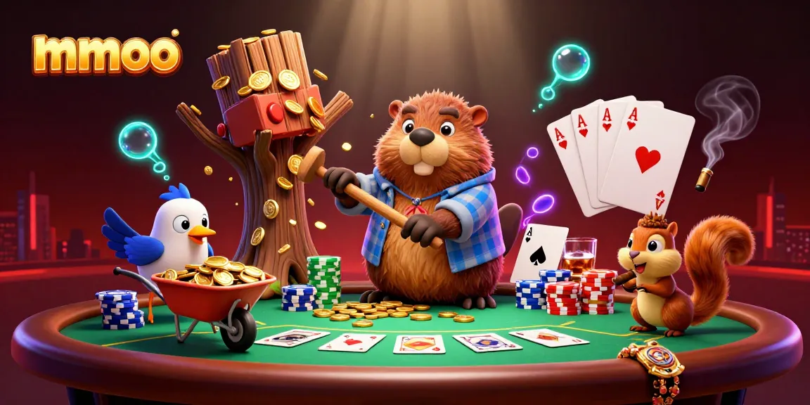 Experience mmoo's vibrant online casino world with a whimsical scene of gaming and fortune.
