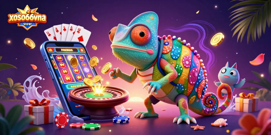 Engage with xoso66vna's vibrant casino world featuring a chameleon owner, games, and exciting prizes.