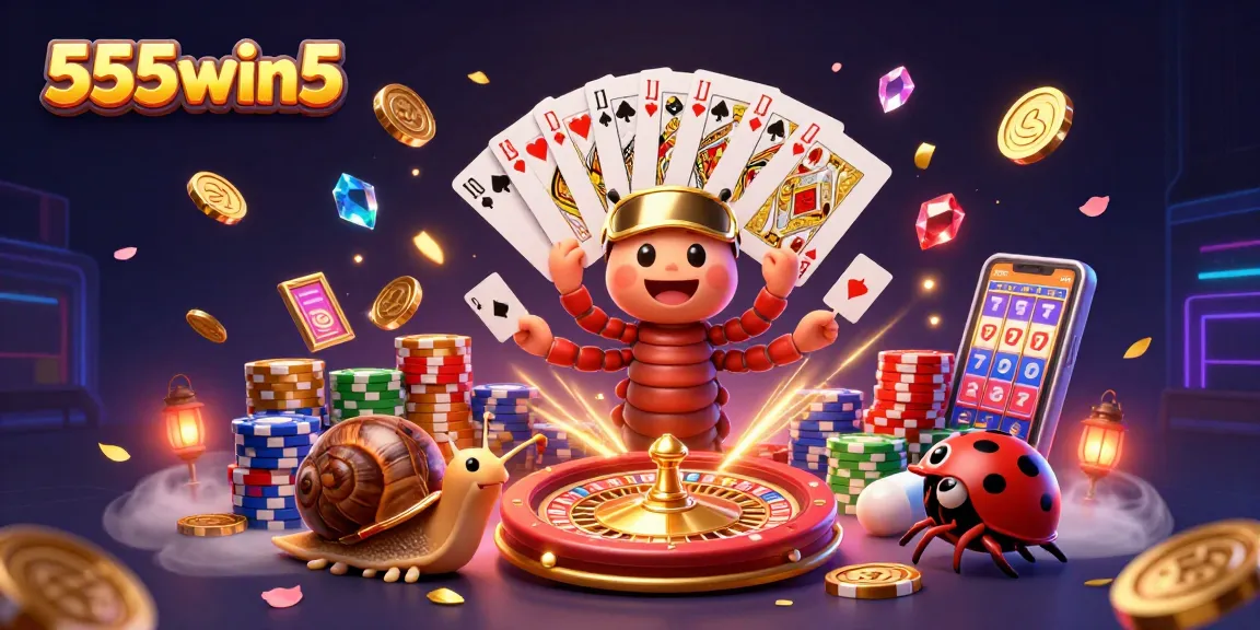 Experience the thrill of 555win5 with a vibrant casino scene featuring a millipede dealer and a snail high-roller.