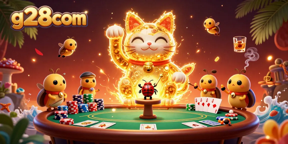 Experience vibrant casino play at g28com with a golden lucky cat and poker elements.